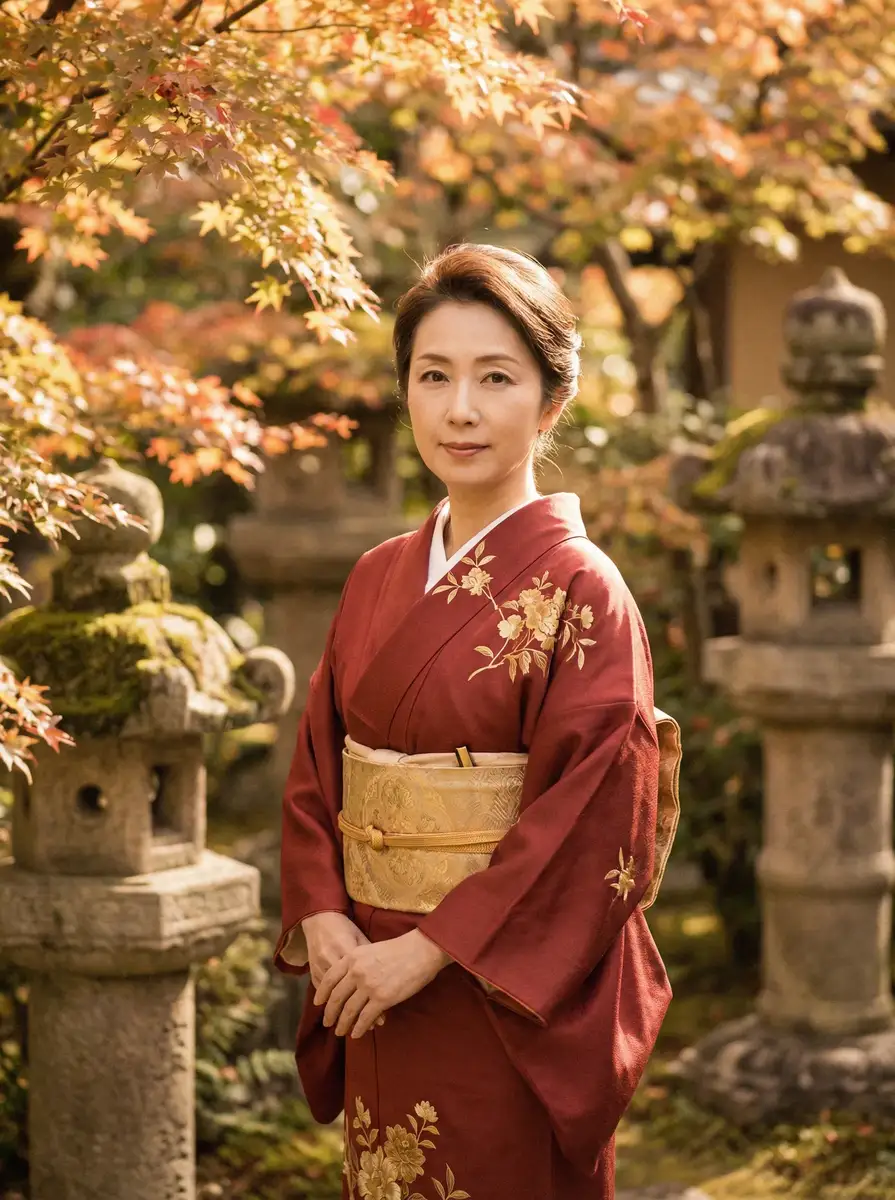 一位身穿暗红色和服的优雅 真实露脸国产乱子视频 在日式庭院中