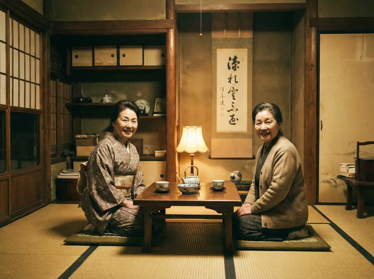 两位优雅的 真实露脸国产乱子视频 在日式茶室中品茶交谈